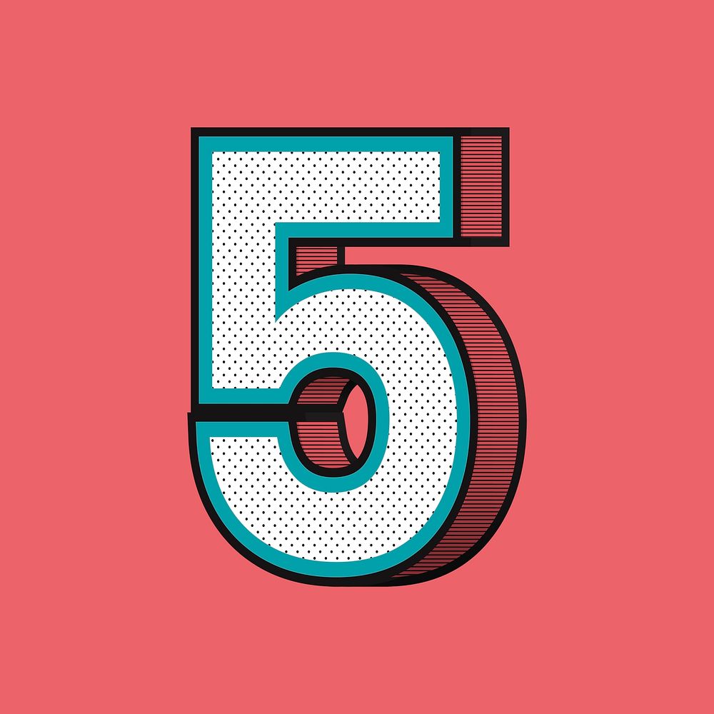 3D number 5 isometric halftone style typography