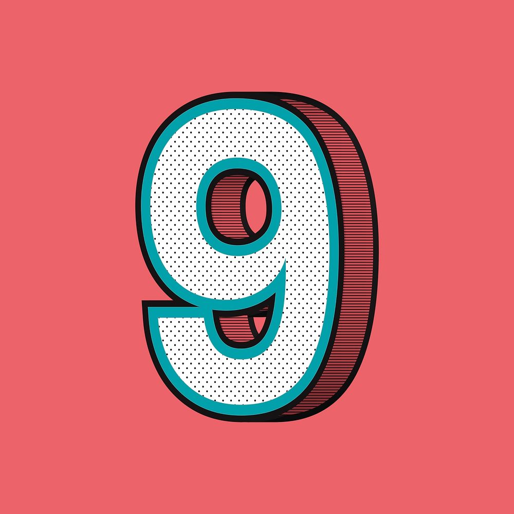 Number 9 3D halftone effect typography psd