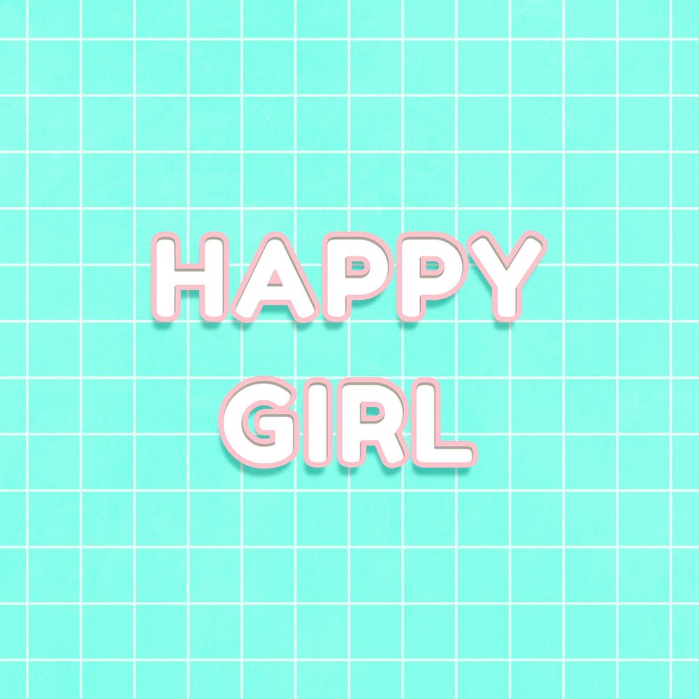 Miami 80&rsquo;s neon font happy girl word art on grid background