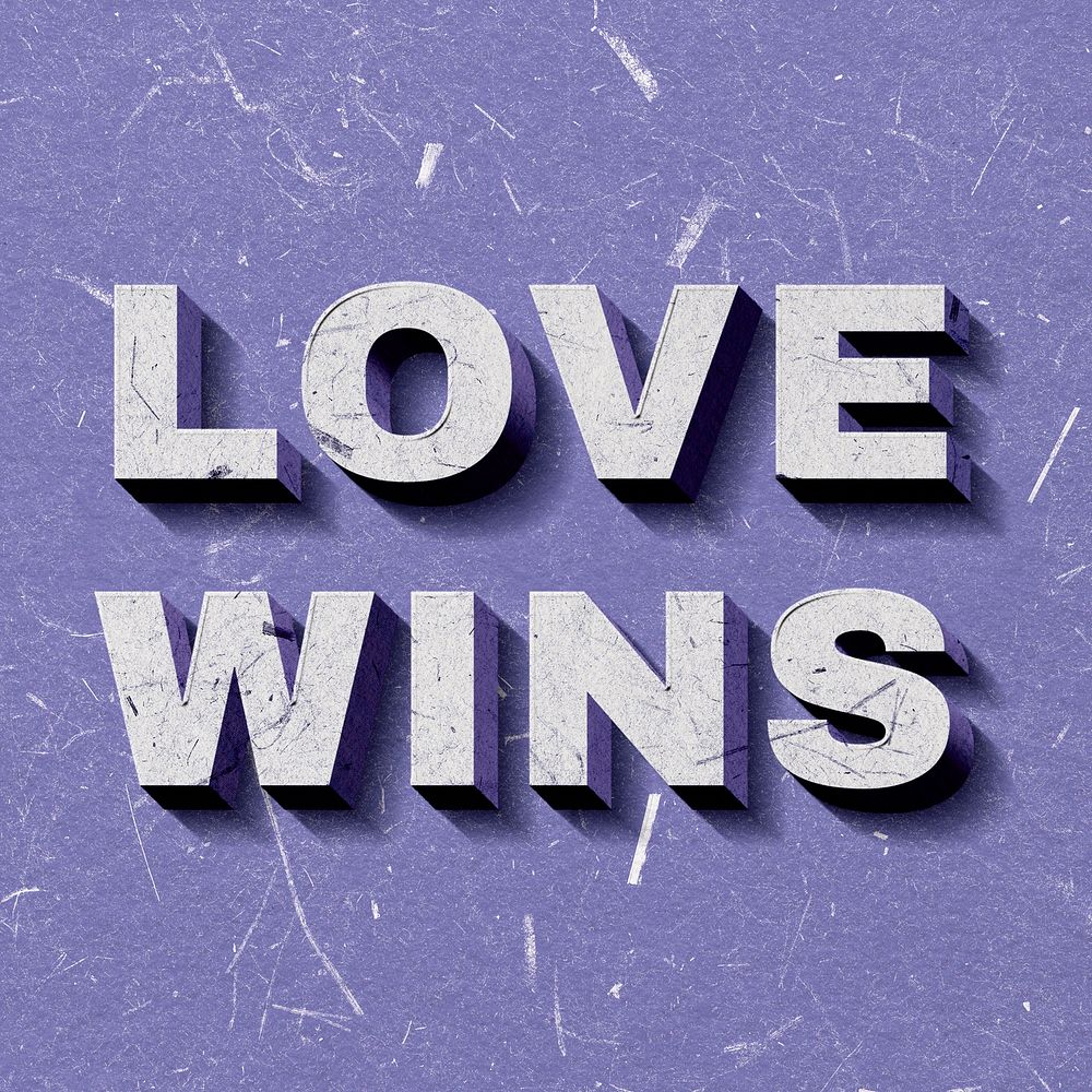 Vintage purple Love Wins 3D paper font typography