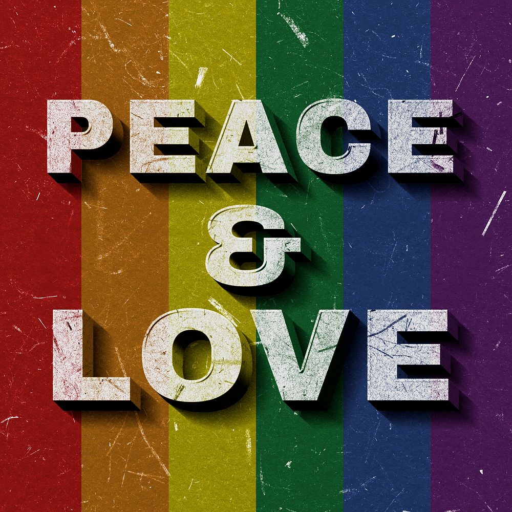 Peace & Love rainbow 3D trendy quote textured font typography