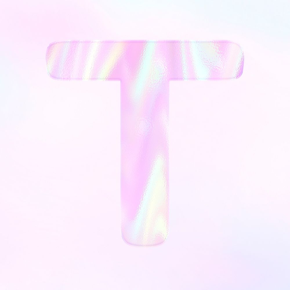 Holographic pastel T sticker psd pink alphabet font typography