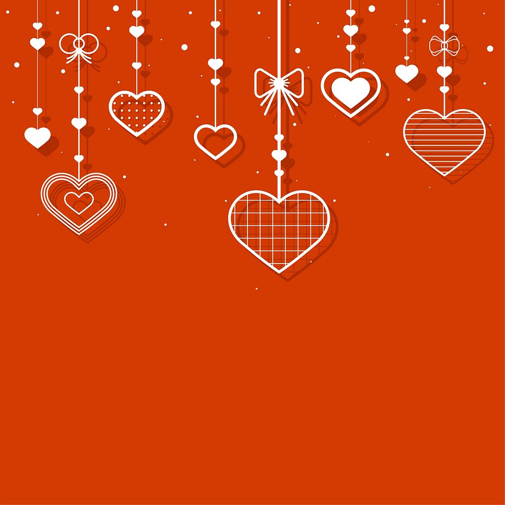 Dangling white hearts red background copy space