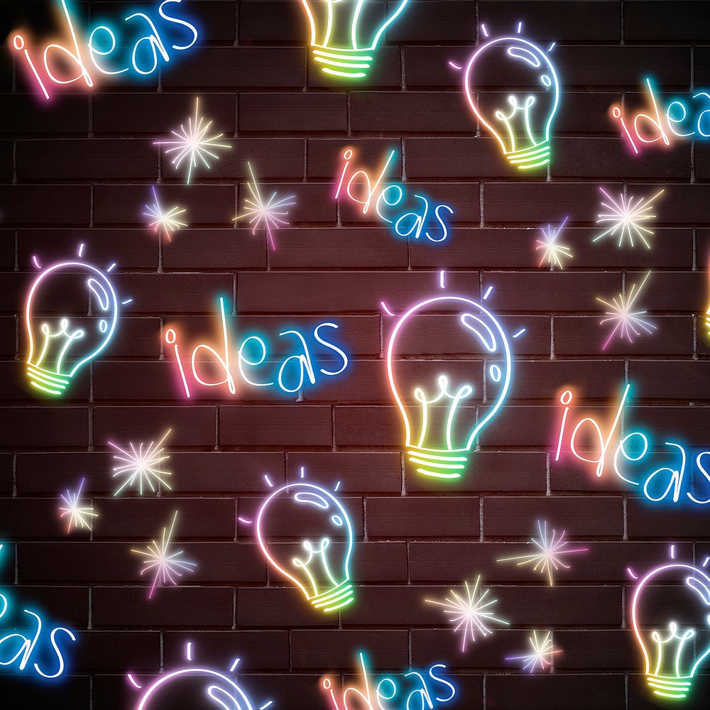 Neon light bulb ideas word doodle pattern background