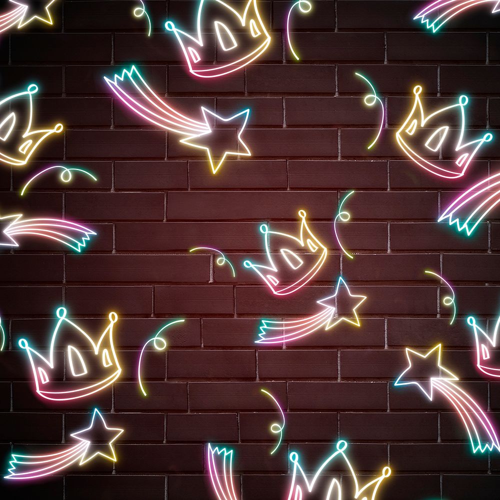 Neon crown comet star doodle pattern psd background