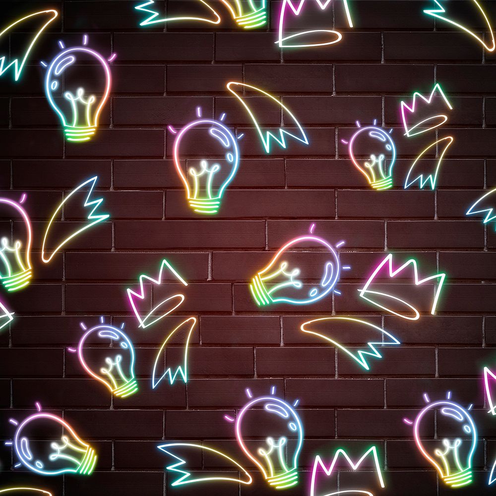 Neon light bulb doodle pattern background psd