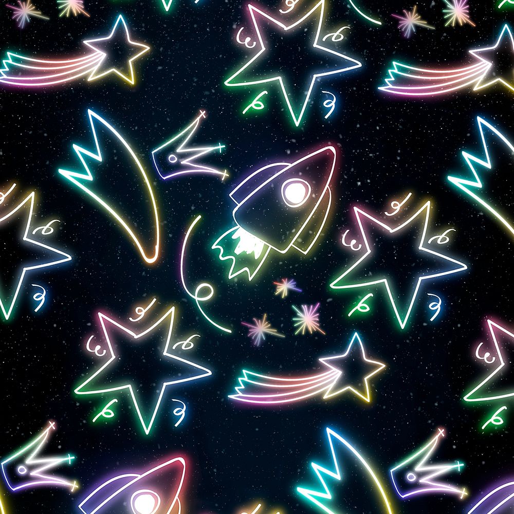 Neon spacecraft star doodle pattern background psd