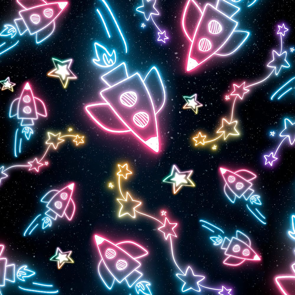 Neon spacecraft star doodle pattern background