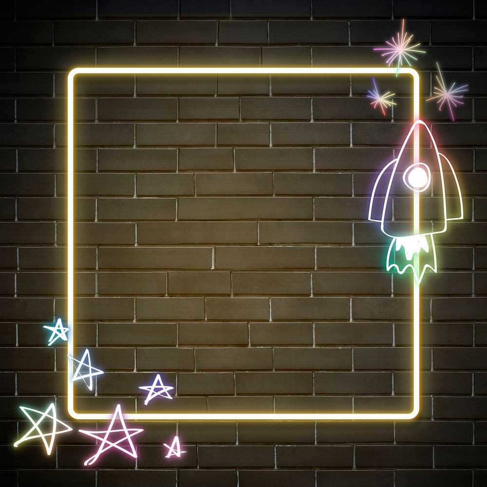 Neon frame rainbow psd rocket doodle