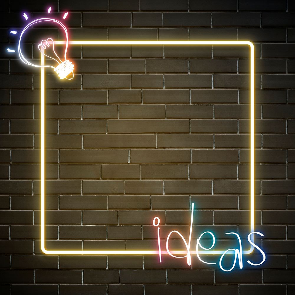 Psd neon frame rainbow light bulb ideas word doodle
