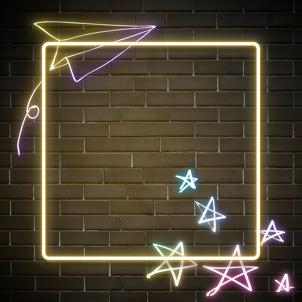 Neon frame rainbow star origami paper plane psd doodle