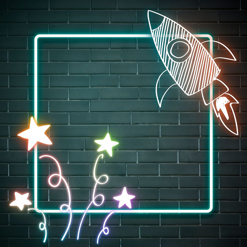 Neon frame rainbow star rocket doodle