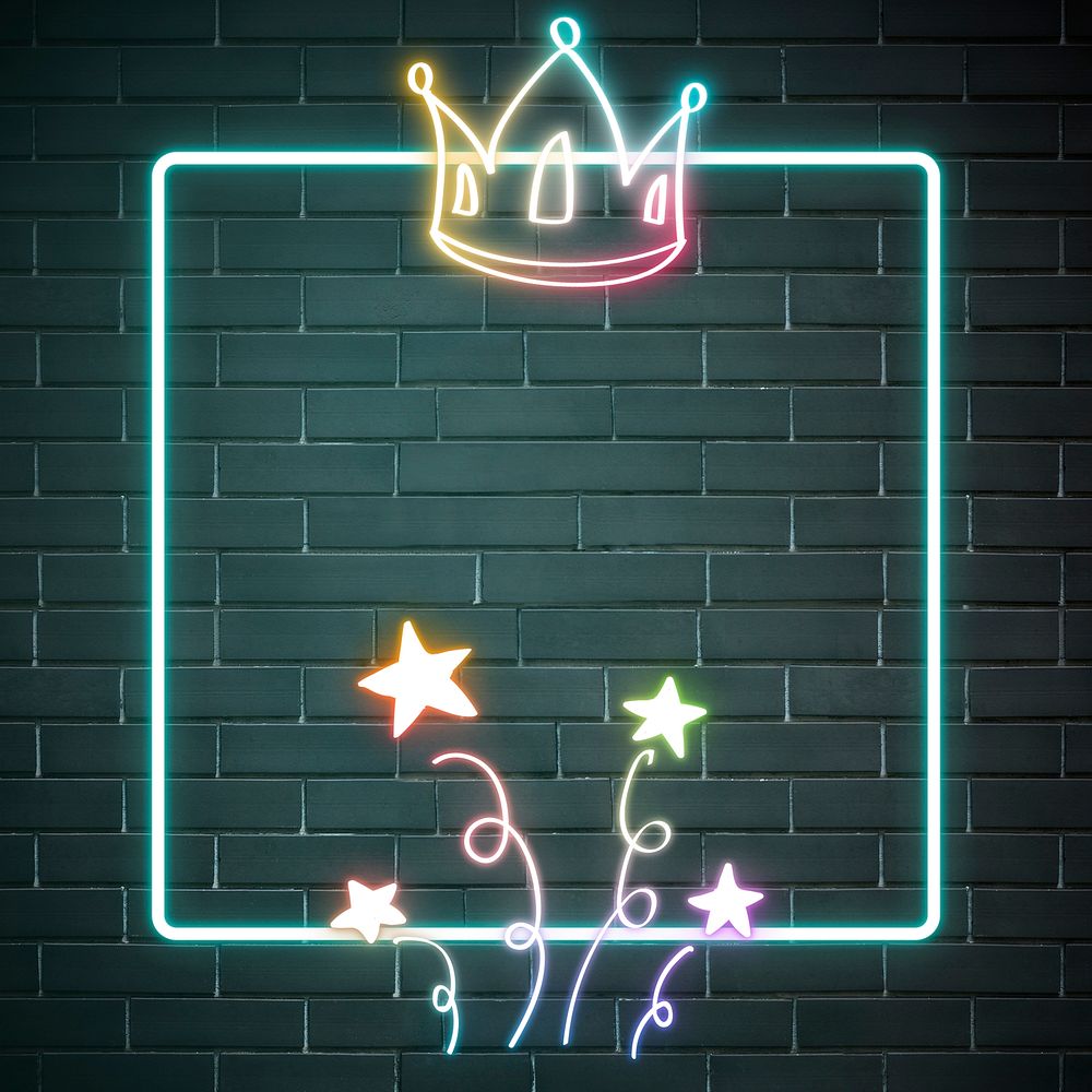 Neon frame star crown rainbow doodle psd