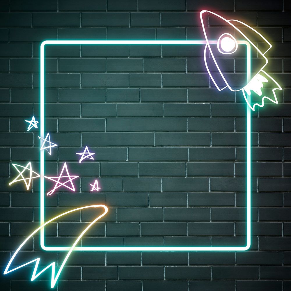 Neon frame rainbow psd rocket star back to school doodle