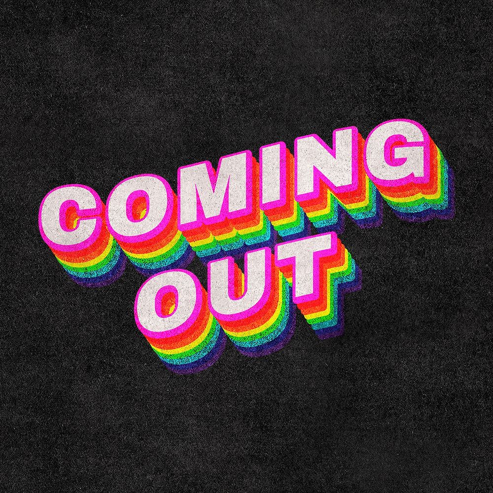 COMING OUT rainbow word typography on black background