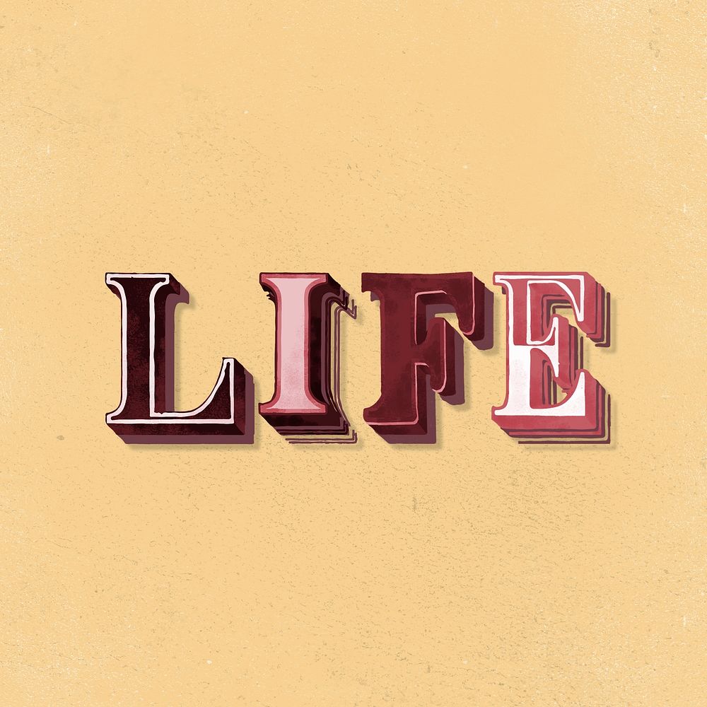 Shadowed word life 3D typography