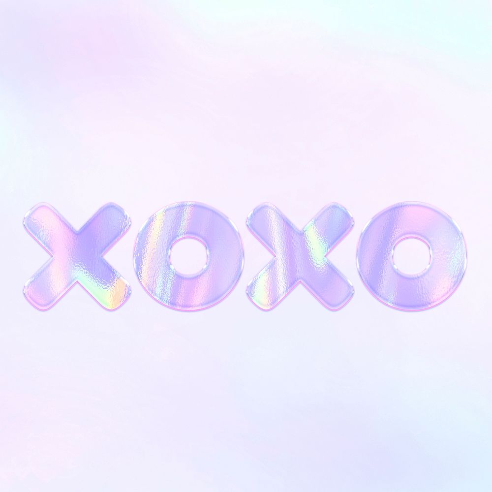 Holographic XOXO word lettering pastel shiny typography