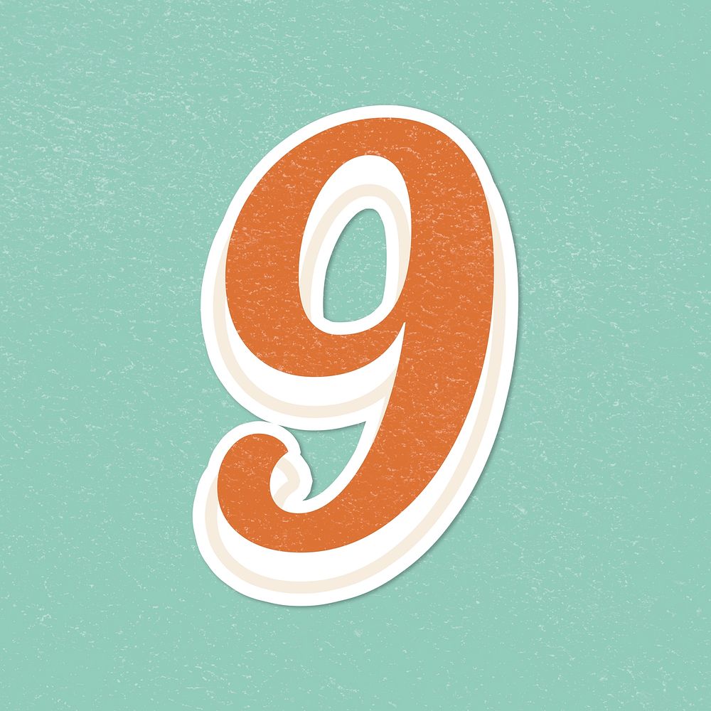 Number 9 retro bold font typography and lettering sticker