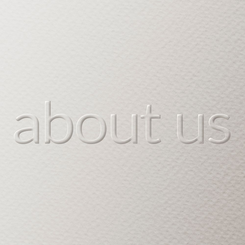 About us embossed typography white paper background
