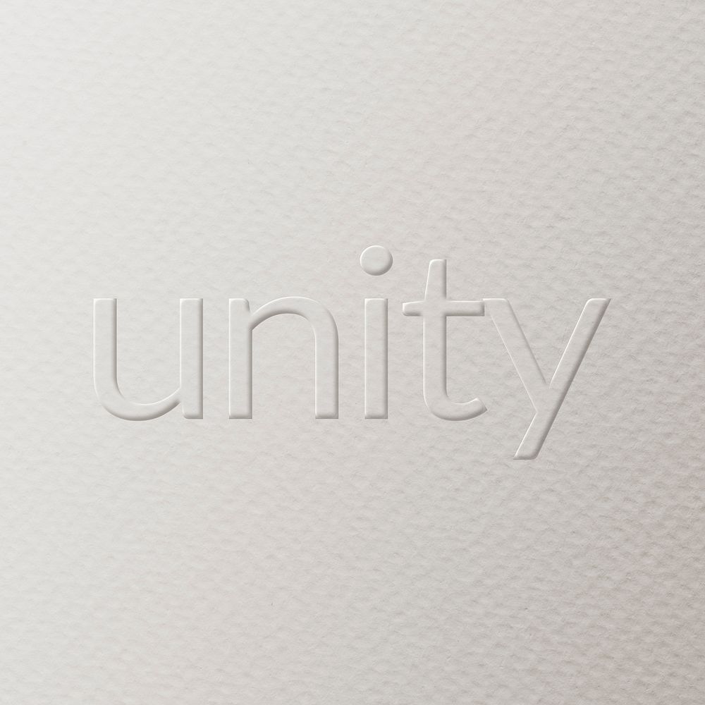 Unity embossed text white paper background
