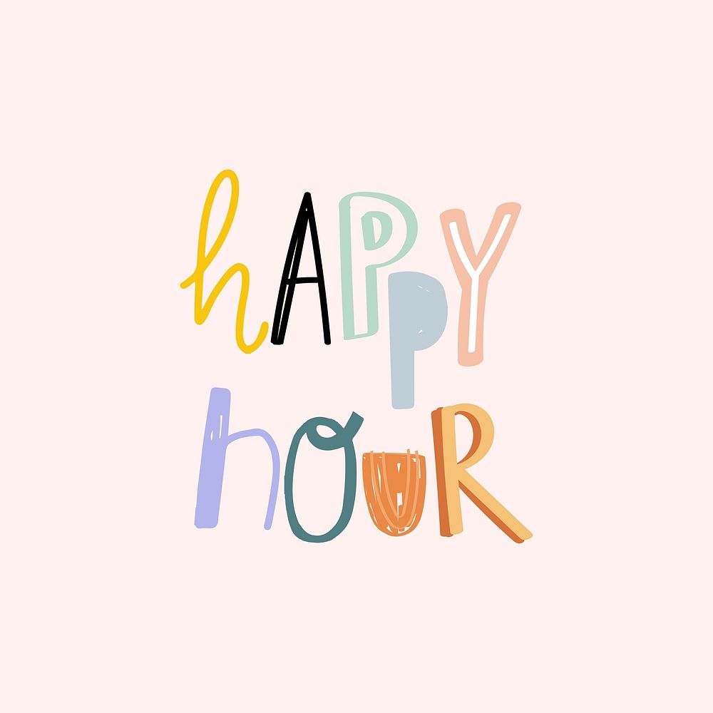 Word art happy hour doodle lettering colorful