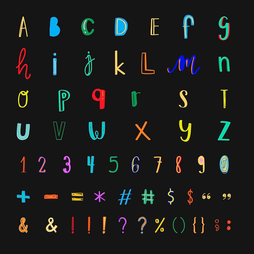 Alphabet symbol doodle vector font style colorful set