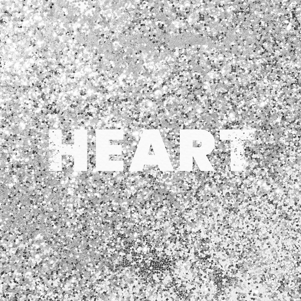Heart glittery silver texture word typography