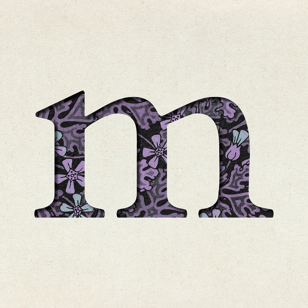 Vintage floral purple lowercase letter m psd typography