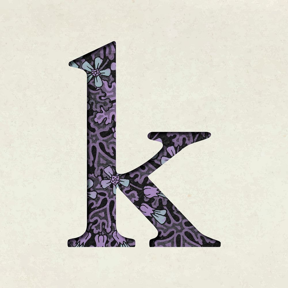 Vintage floral purple lowercase letter k vector typography