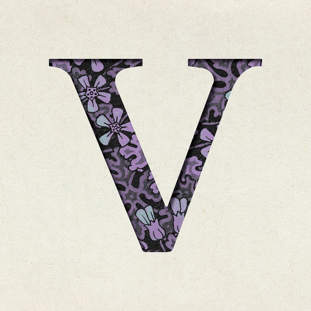 Embossed vintage purple letter psd V typography