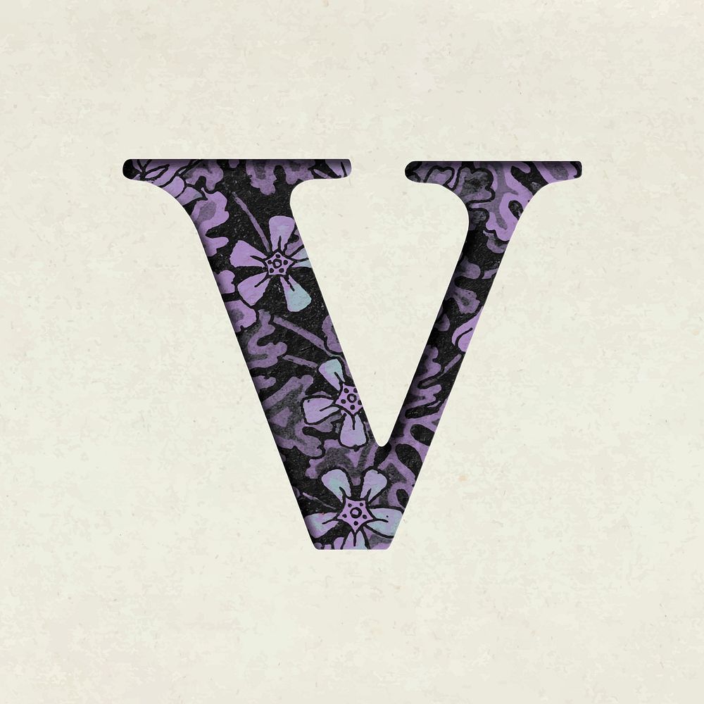 Vintage floral purple lowercase letter v vector typography