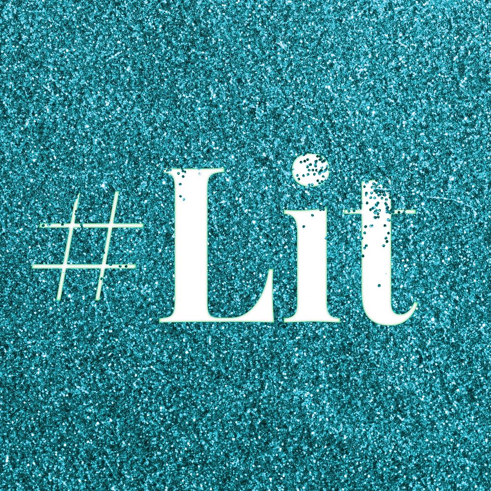 Teal glitter hashtag lit text typography festive effect