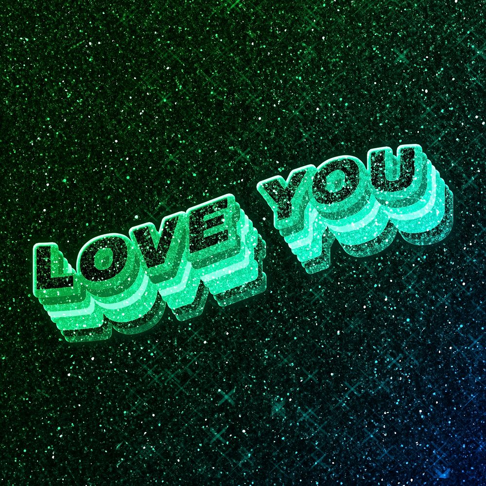Love you word 3d vintage wavy typography illuminated green font