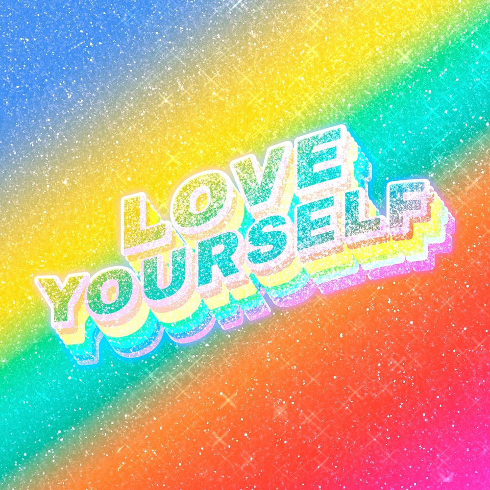 Love yourself word 3d vintage typography rainbow gradient texture