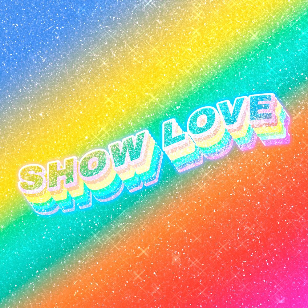 Show love word 3d vintage typography rainbow gradient texture