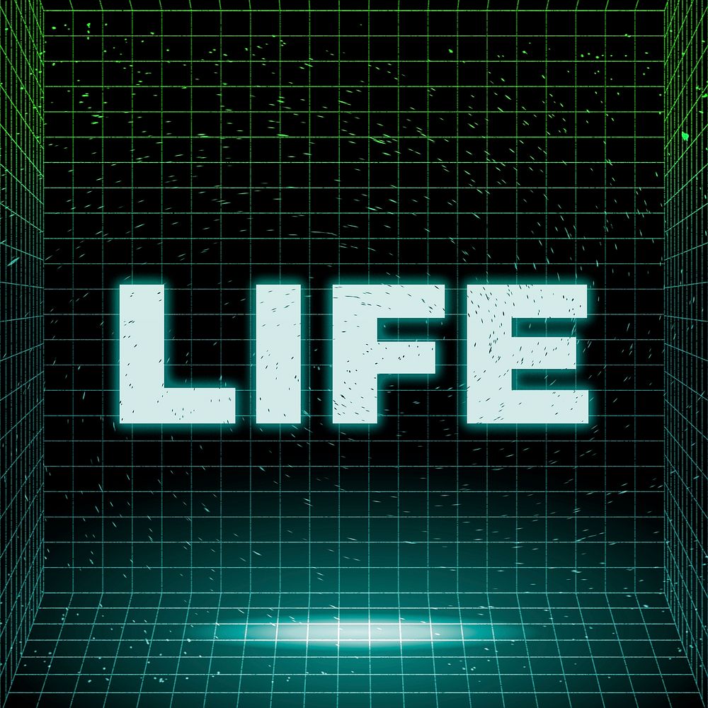 Neon synthwave life grid room typography