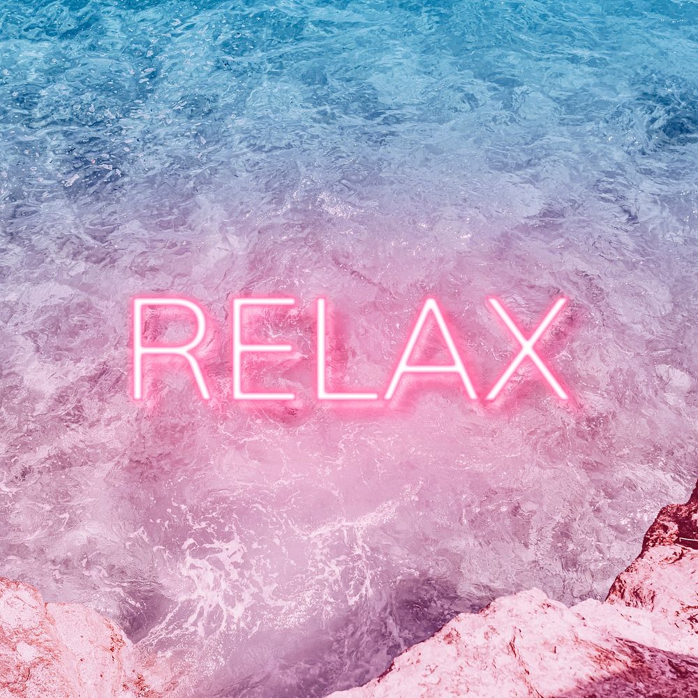Relax text glowing neon typography sea wave texture