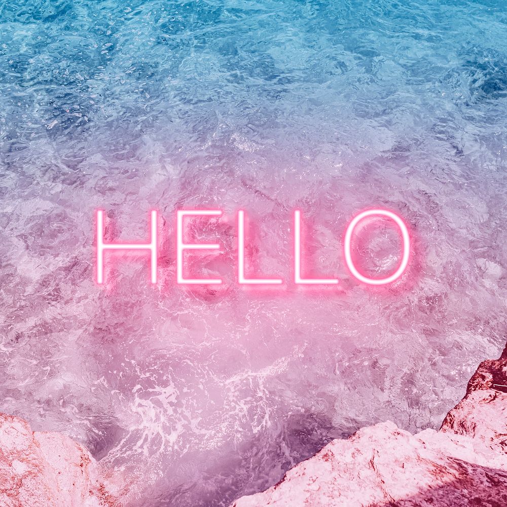 Hello text glowing neon typography sea wave texture