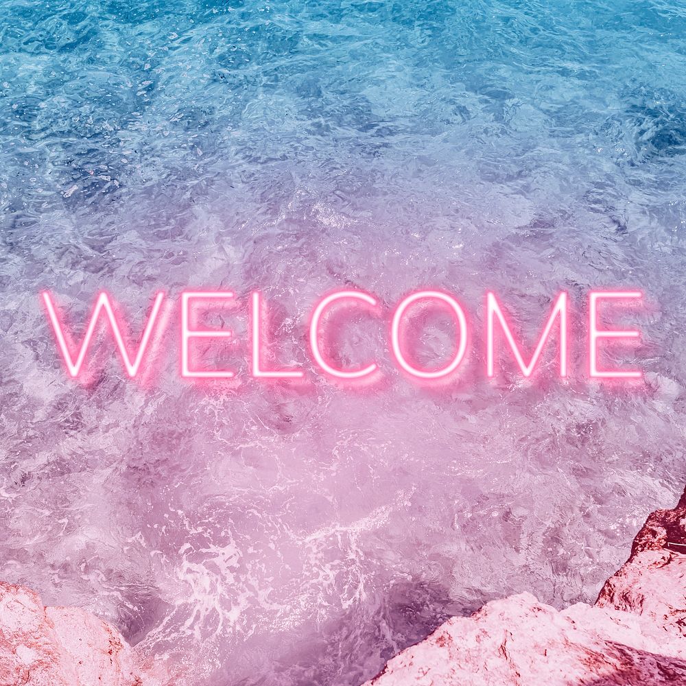 Welcome text glowing neon typography sea wave texture