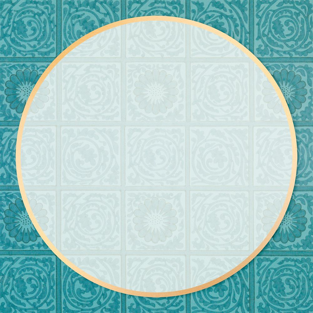 Round gold frame William Morris inspired pattern background