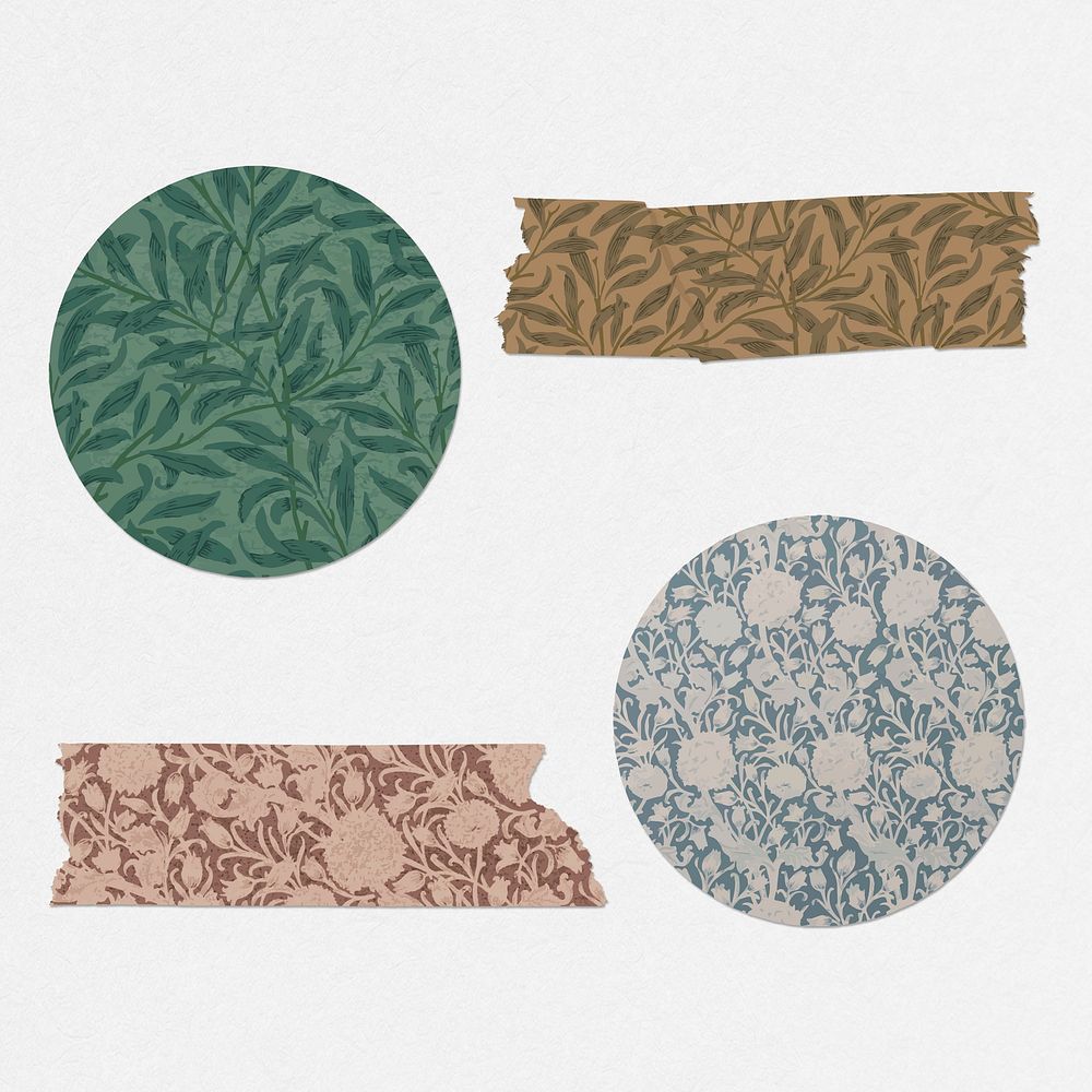 Leafy washi tape vector and round sticker set remix from artwork by William Morris