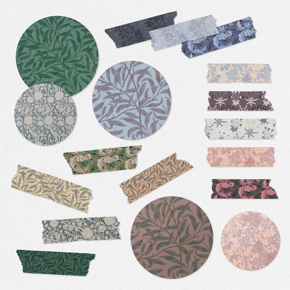 Floral washi tape vector and round sticker set remix from artwork by William Morris