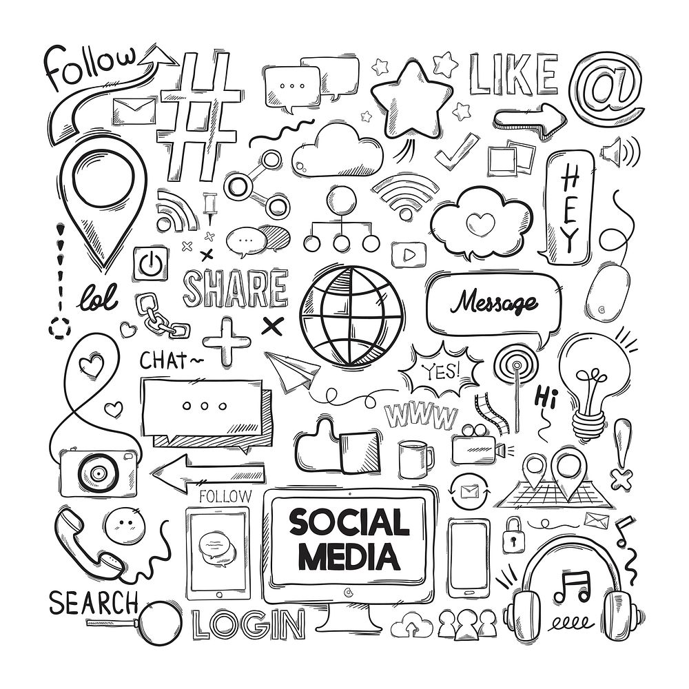 Social media icon funky hand drawn doodle illustration set