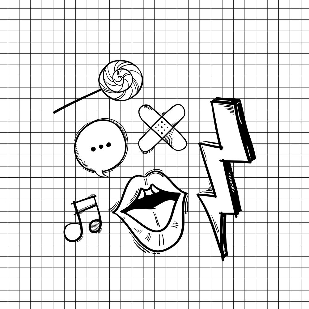 Cool funky icon hand drawn doodle illustration set