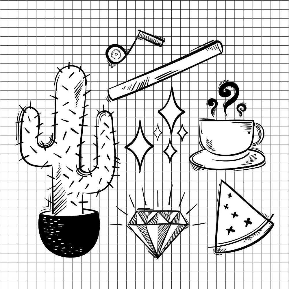 Cool icon funky hand drawn doodle illustration set