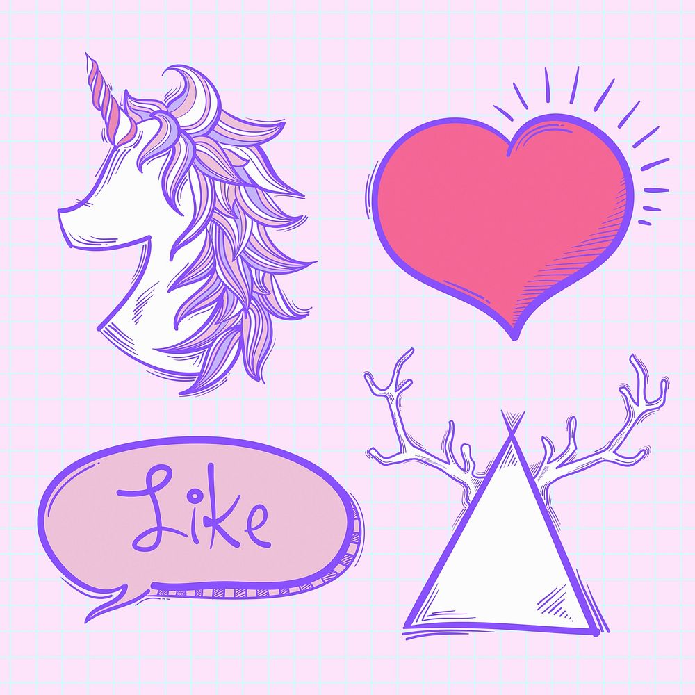 Cool unicorn doodle psd cartoon teen sticker set