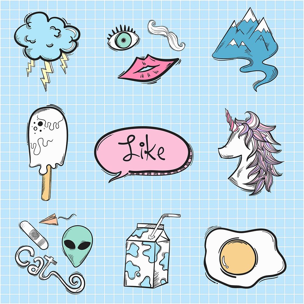 Funky doodle cartoon sticker vector set