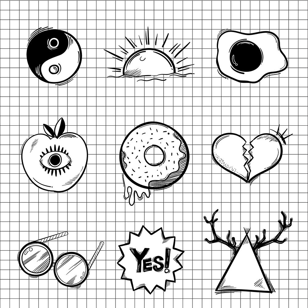 Funky bw doodle icon illustration set
