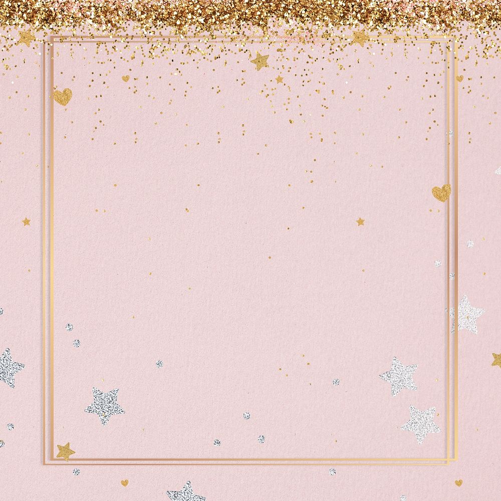 Glittery gold star pattern frame pink background