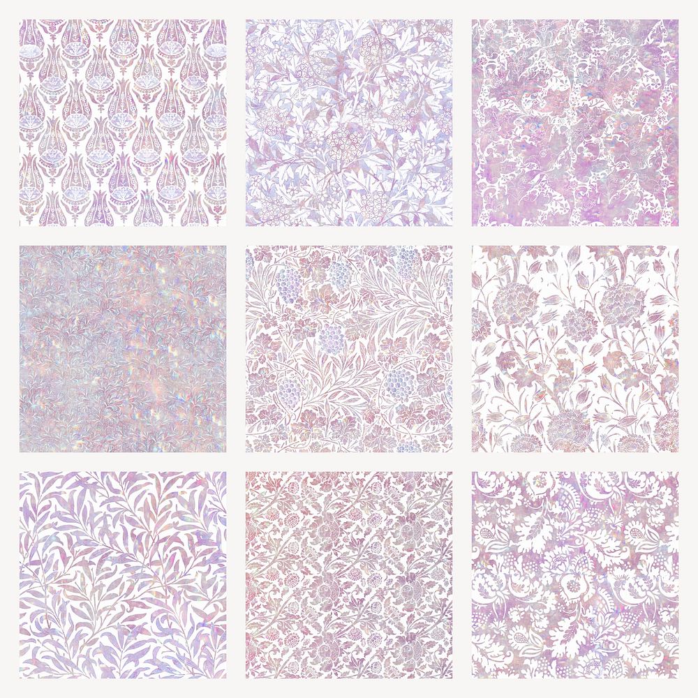 Vintage holographic flora vector pattern set remix from artwork by William Morris